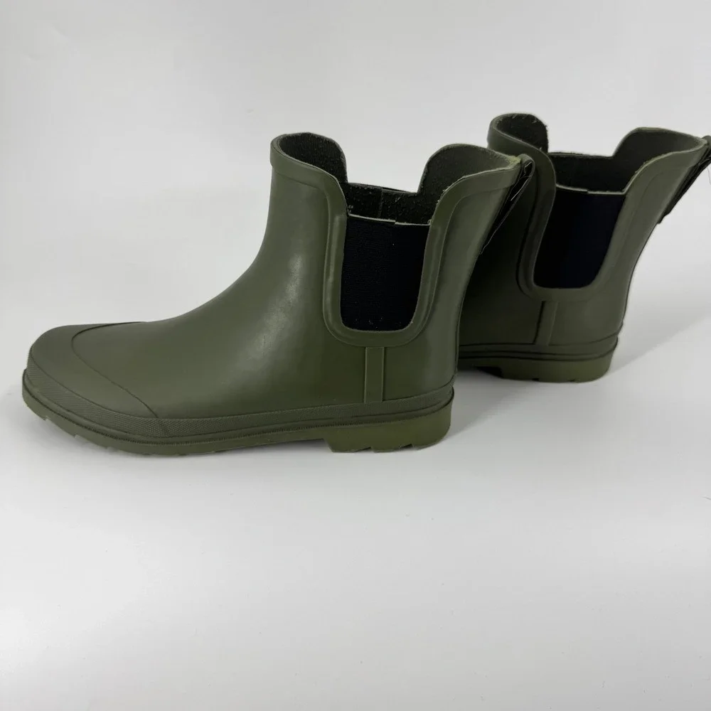J.Crew Womens Chelsea Rain Boots Olive Green Rubber Ankle Boot / Bootie Lug Sole